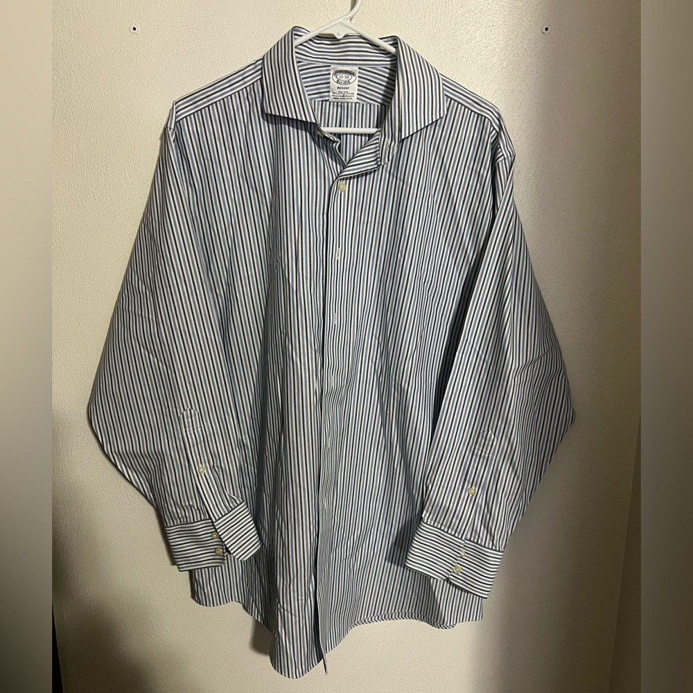 BROOKS BROTHERS Classic Striped Button Down Dress Shirt Blue White Grey Men's 17